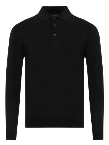 Germirli Siyah Düğmeli Polo Yaka Regular Fit Extra Fine Yün Erkek Triko - 1