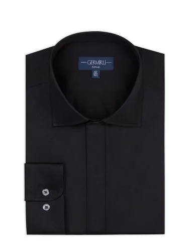 Germirli Siyah Gizli Pat Tailor Fit Klasik Yaka Pamuk Elastan Gömlek - 1