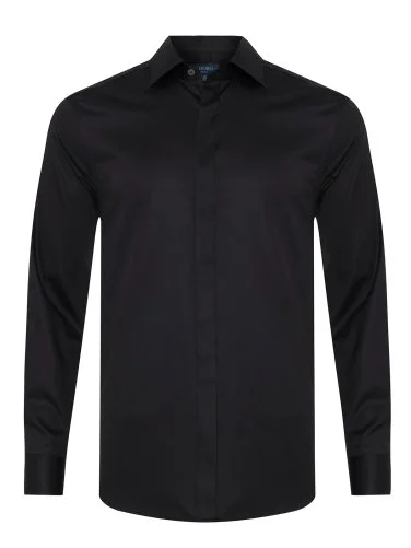 Germirli Siyah Gizli Pat Tailor Fit Klasik Yaka Pamuk Elastan Gömlek - 1