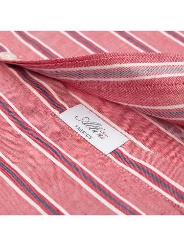 Germirli Soft Yaka Çift Kapak Cepli Tailor Fit Gri Kırmızı Laci Çizgili Pamuk Keten Gömlek - 4