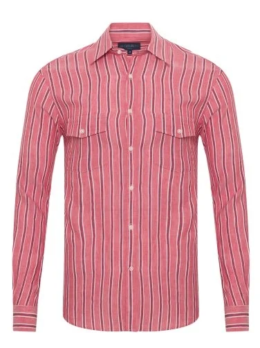 Germirli Soft Yaka Çift Kapak Cepli Tailor Fit Gri Kırmızı Laci Çizgili Pamuk Keten Gömlek - 1