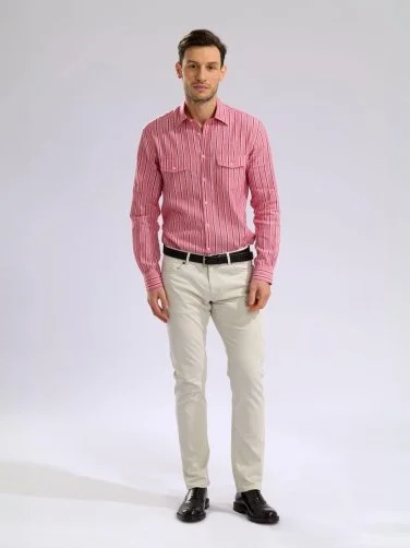 Germirli Soft Yaka Çift Kapak Cepli Tailor Fit Gri Kırmızı Laci Çizgili Pamuk Keten Gömlek - 5