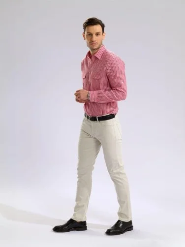 Germirli Soft Yaka Çift Kapak Cepli Tailor Fit Gri Kırmızı Laci Çizgili Pamuk Keten Gömlek - 6