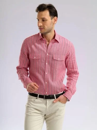 Germirli Soft Yaka Çift Kapak Cepli Tailor Fit Gri Kırmızı Laci Çizgili Pamuk Keten Gömlek - 7