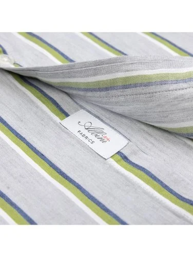 Germirli Soft Yaka Çift Kapak Cepli Tailor Fit Gri Yeşil Laci Çizgili Pamuk Keten Gömlek - 4
