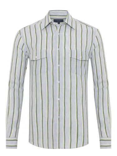 Germirli Soft Yaka Çift Kapak Cepli Tailor Fit Gri Yeşil Laci Çizgili Pamuk Keten Gömlek - 1