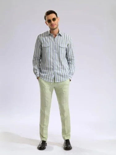 Germirli Soft Yaka Çift Kapak Cepli Tailor Fit Gri Yeşil Laci Çizgili Pamuk Keten Gömlek - 5