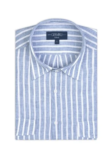 Germirli Soft Yaka Çift Kapak Cepli Tailor Fit İndigo Mavi Beyaz Çizgili Saf Keten Gömlek - 2
