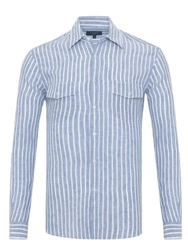 Germirli Soft Yaka Çift Kapak Cepli Tailor Fit İndigo Mavi Beyaz Çizgili Saf Keten Gömlek - 1