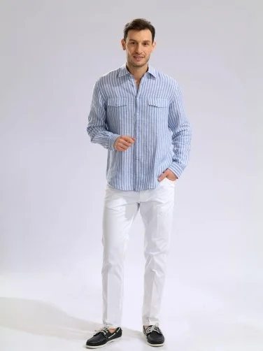 Germirli Soft Yaka Çift Kapak Cepli Tailor Fit İndigo Mavi Beyaz Çizgili Saf Keten Gömlek - 6