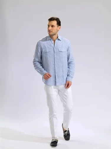 Germirli Soft Yaka Çift Kapak Cepli Tailor Fit İndigo Mavi Beyaz Çizgili Saf Keten Gömlek - 5