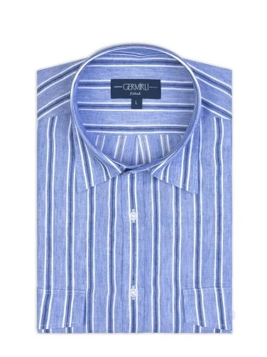 Germirli Soft Yaka Çift Kapak Cepli Tailor Fit Mavi Laci Çizgili Pamuk Keten Gömlek - 2