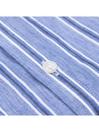 Germirli Soft Yaka Çift Kapak Cepli Tailor Fit Mavi Laci Çizgili Pamuk Keten Gömlek - 3