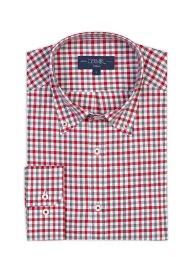 Germirli Testa 80/2 Flanel Kırmızı Melanj Düğmeli Yaka Tailor Fit Pamuk Gömlek - 1