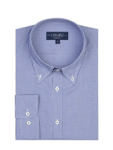 Germirli Testa Exclusive Lacivert Mini Pötikare Düğmeli Yaka Tailor Fit Pamuk Gömlek - 1