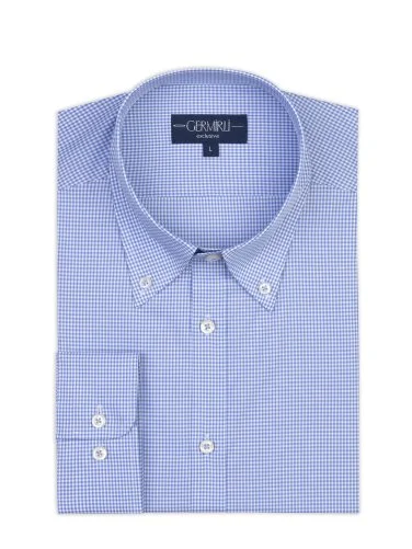 Germirli Testa Exclusive Mavi Mini Pötikare Düğmeli Yaka Tailor Fit Pamuk Gömlek - 1