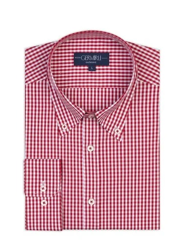 Germirli Testa Kırmızı Pötikare Düğmeli Yaka Tailor Fit Pamuk Exclusive Gömlek - 1