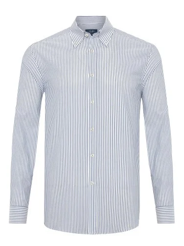 Germirli Testa Sartoriale Lacivert Çizgili Exclusive Düğmeli Yaka Tailor Fit Pamuk Gömlek - 1