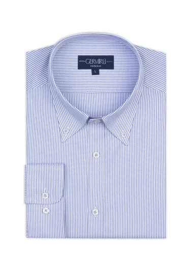 Germirli Testa Sartoriale Mavi Çizgili Exclusive Düğmeli Yaka Tailor Fit Pamuk Gömlek - 1