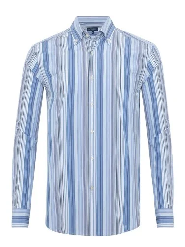 Germirli Thomas Mason Düğmeli Yaka Mavi Laci Beyaz Çizgili Tailor Fit Pamuk Gömlek - 1