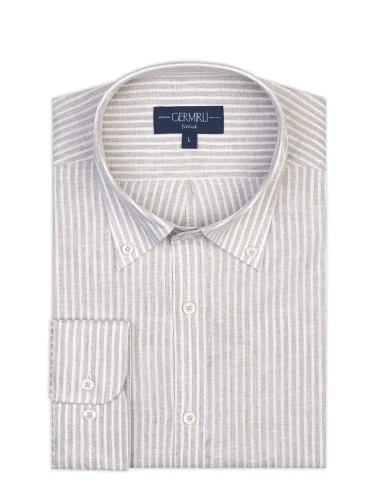 Germirli Thomas Mason Naturel Beyaz Çizgili Düğmeli Yaka Tailor Fit Keten Gömlek - 2