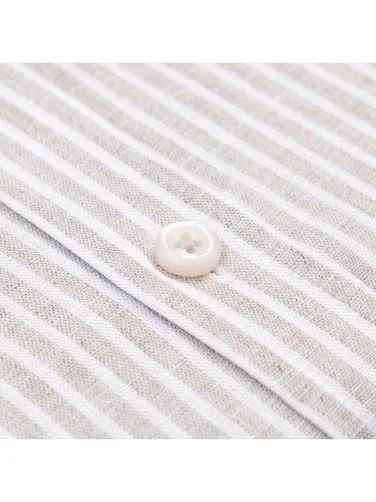 Germirli Thomas Mason Naturel Beyaz Çizgili Düğmeli Yaka Tailor Fit Keten Gömlek - 3