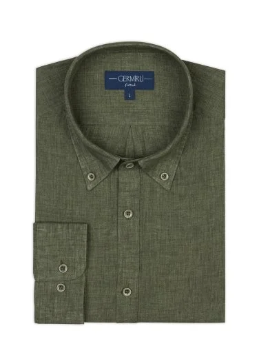 Germirli Yeşil Düğmeli Yaka Tailor Fit Delave Keten Gömlek - 2