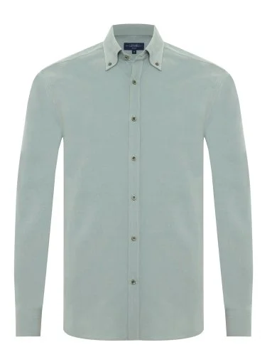 Germirli Yeşil İnce Kadife Albini Düğmeli Yaka Tailor Fit Saf Pamuk Gömlek - 1