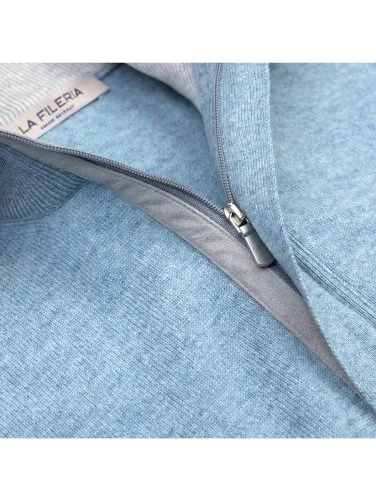 La Fileria Açık Mavi Yün Kaşmir Süet Peçli Fermuarlı Triko - 4