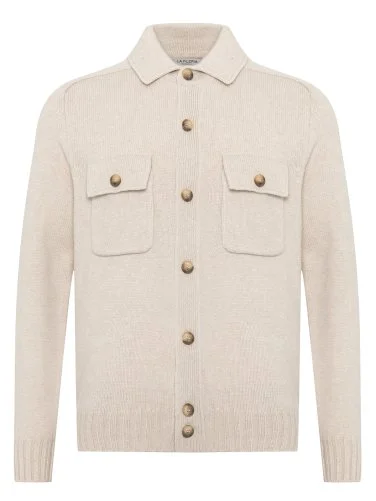 La Fileria Bej Rengi Cepli Gömlek Yaka Süper Geelong Yün Ceket Triko - 1