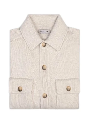 La Fileria Bej Rengi Cepli Gömlek Yaka Süper Geelong Yün Ceket Triko - 2