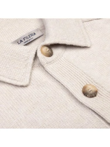 La Fileria Bej Rengi Cepli Gömlek Yaka Süper Geelong Yün Ceket Triko - 4