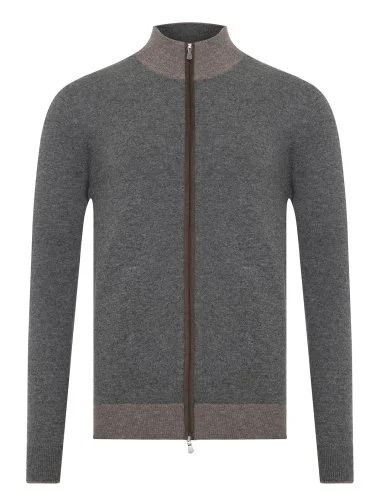 La Fileria Gri Yün Kaşmir Süet Peçli Fermuarlı Hırka Triko - 1