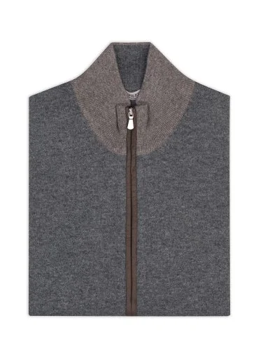 La Fileria Gri Yün Kaşmir Süet Peçli Fermuarlı Hırka Triko - 2