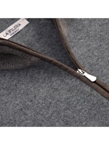 La Fileria Gri Yün Kaşmir Süet Peçli Fermuarlı Hırka Triko - 4