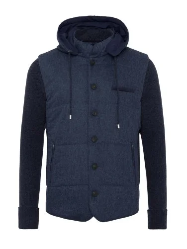 La Fileria İndigo Mavi Dolgulu Kapişonlu Geelong Yün Ceket Triko - 1