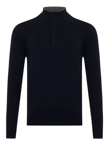 La Fileria Lacivert Yün Kaşmir Süet Peçli Fermuarlı Triko - 1