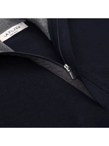 La Fileria Lacivert Yün Kaşmir Süet Peçli Fermuarlı Triko - 4