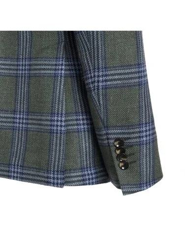 Sartoria Latorre Yeşil Lacivert Mavi Kareli Vitale Barberis Keten İpek Pamuk Astarsız Ceket - 3