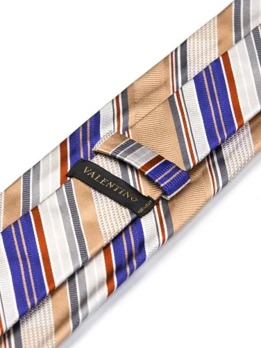 Valentino Gümüş Bronz Mavi İnce Çizgili İtalyan Kravat - 2