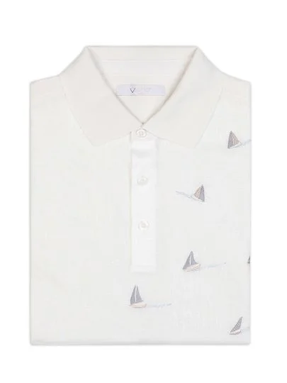 Alphauomo Beyaz Polo Yaka Yelken İşlemeli Pamuk Keten Regular Fit Tişört - Alphauomo