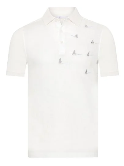 Alphauomo Beyaz Polo Yaka Yelken İşlemeli Pamuk Keten Regular Fit Tişört - Alphauomo