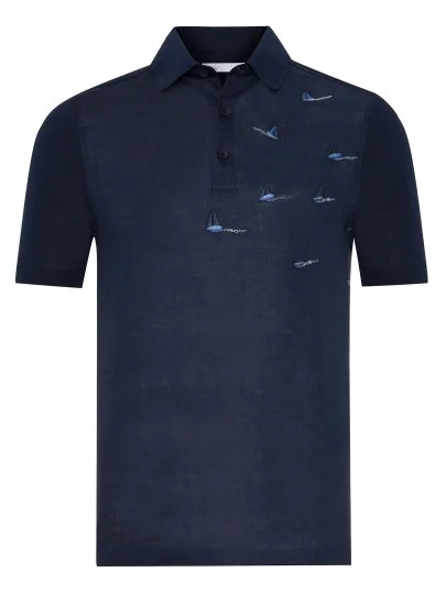 Alphauomo Lacivert Polo Yaka Yelken İşlemeli Pamuk Keten Regular Fit Tişört - Alphauomo