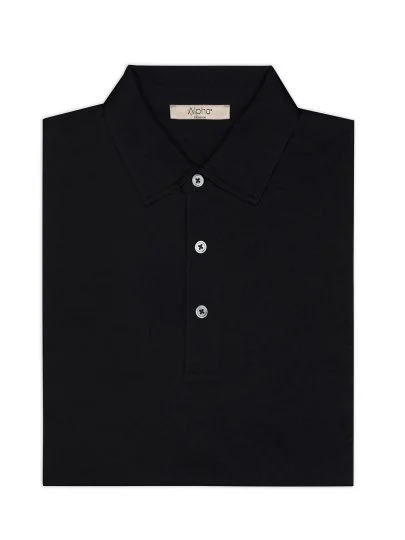 Alphauomo Siyah Gömlek Yaka İnce Merserize Regular Fit Tişört - Alphauomo