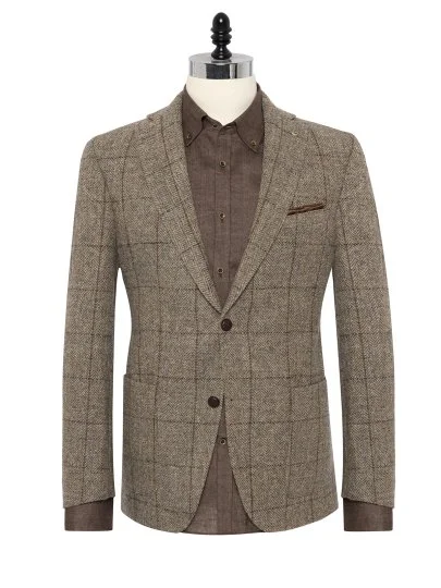 Carl Gross Harris Tweed Bej Gri Balıksırtı Kareli Kolu Peçli Yün Ceket - Carl Gross