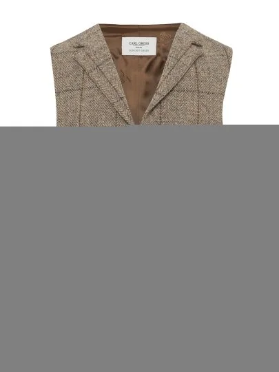 Carl Gross Harris Tweed Bej Gri Kahve Kareli Yelek - Carl Gross