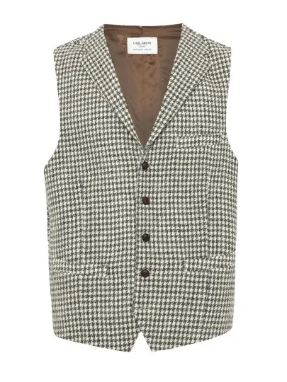 Carl Gross Harris Tweed Gri Ekru Kaz Ayağı Yün Yelek - Carl Gross