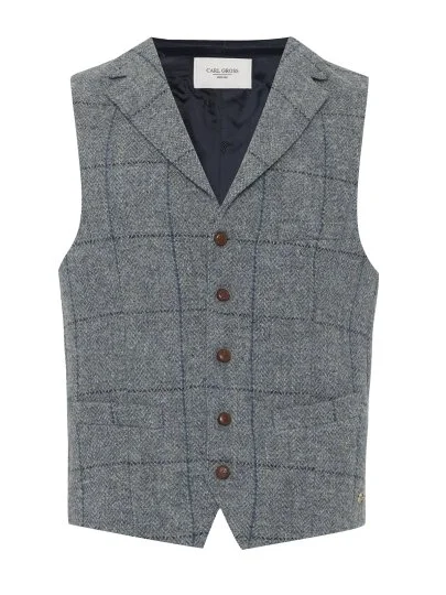 Carl Gross Harris Tweed Gri Mavi Kareli Yelek - Carl Gross