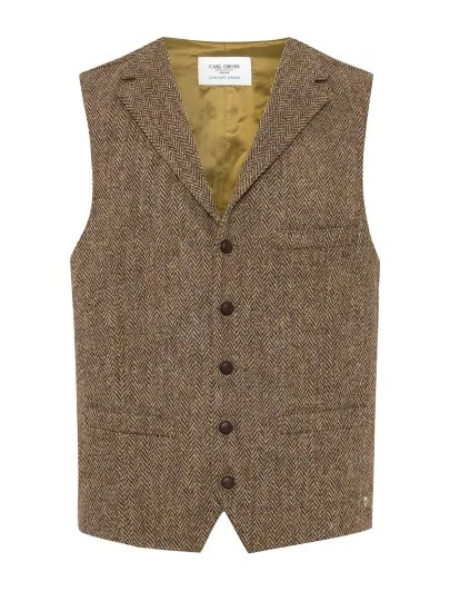 Carl Gross Harris Tweed Kahve Bej Balıksırtı Yün Yelek - Carl Gross
