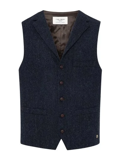 Carl Gross Harris Tweed Lacivert Mavi Balıksırtı Yün Yelek - Carl Gross